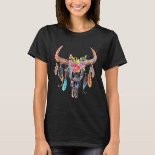 Camiseta Hermoso cráneo de vaca con flores en acuarela arte