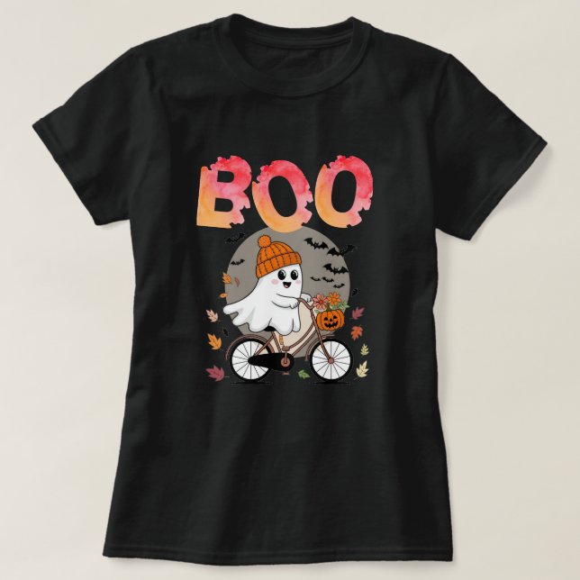Camiseta Hermoso fantasma de Halloween en una bicicleta (Diseño del anverso)