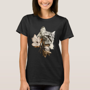 Camiseta Hermoso Gato Con Flores De Magnolias Mujeres Flora