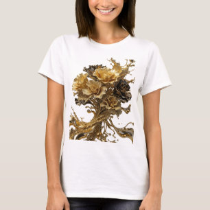 Camiseta Hermoso Motivo Artístico de ROSAS DORADAS en Oro