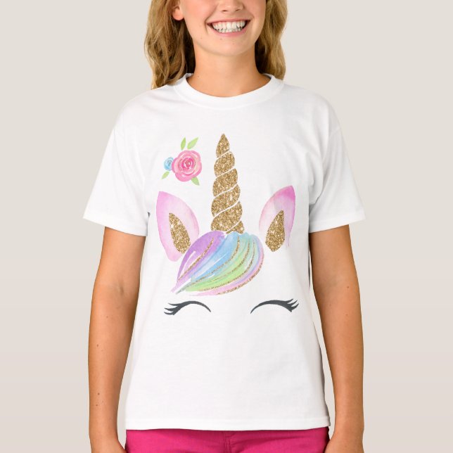 Camiseta Hermoso Personalizado Unicornio con fondo arcoiris (Anverso)