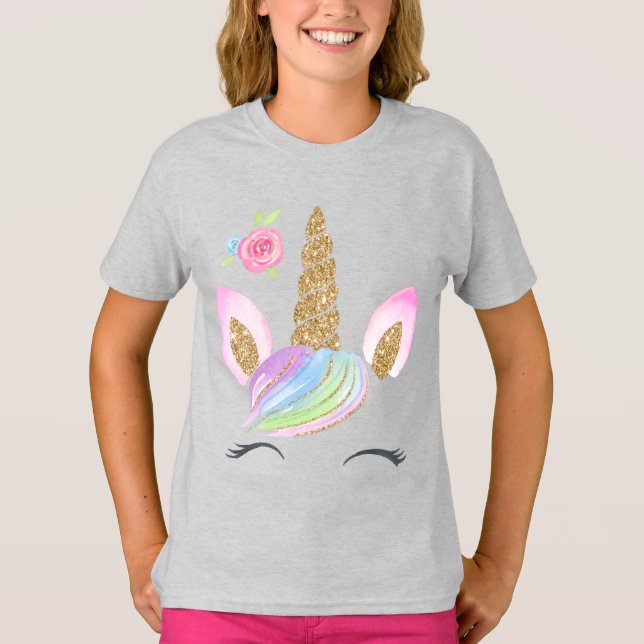 Camiseta Hermoso Personalizado Unicornio con fondo arcoiris (Anverso)