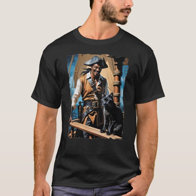 Camiseta Hermoso pirata afroamericano con gato de barco (Anverso)