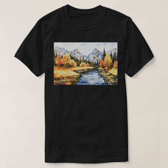 Camiseta Hermoso Río Acuarela Y Paisaje De Montaña (Diseño del anverso)