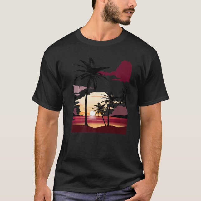 Camiseta Hermoso Sunset Rojo Profundo Con Palm Tr Silhouete (Anverso)