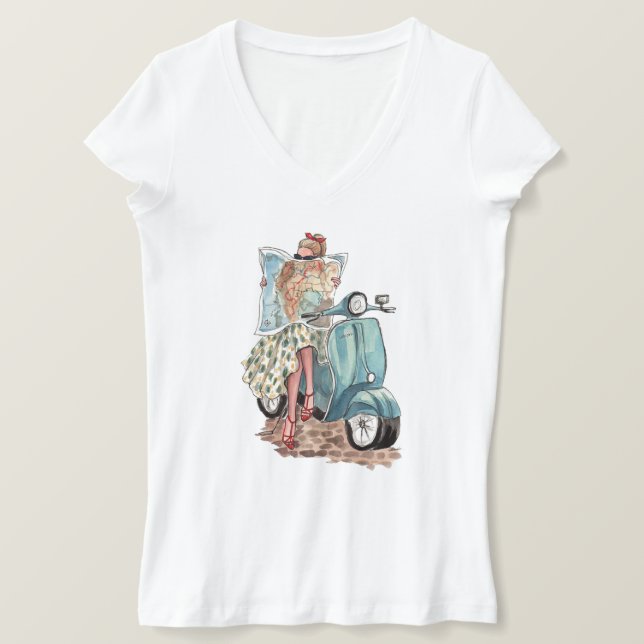 Camiseta Hermoso viajero europeo en Retro Vespa Moped (Anverso del diseño)