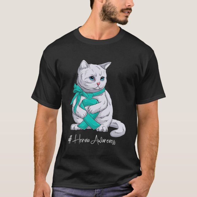Camiseta Hernia Awareness Mes Cinta Verde azulada Cat (Anverso)