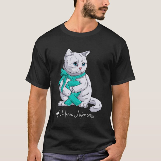 Camiseta Hernia Awareness Mes Cinta Verde azulada Cat (Anverso)