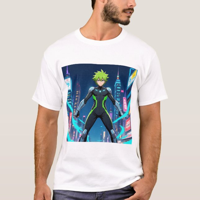 Camiseta Héroe de Anime Futurista de Cabello Verde en Ciuda (Anverso)