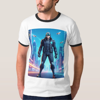 Camiseta Héroe futurista de anime cyberpunk de pie en neón