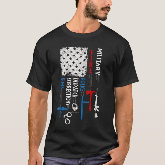 Camiseta Heroes Flag EMS Corrections Dispatch Incendio poli (Anverso)