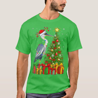 Camiseta Heron Bird Lighting Xmas Tree Santa Hat Heron Chri