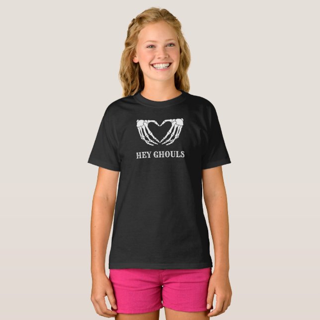 Camiseta Hey Chicas Ghouls Halloween Skeleton Heart T-Shirt (Anverso completo)