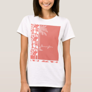 Camiseta Hibisco tropical rosado coralino; Palma del verano