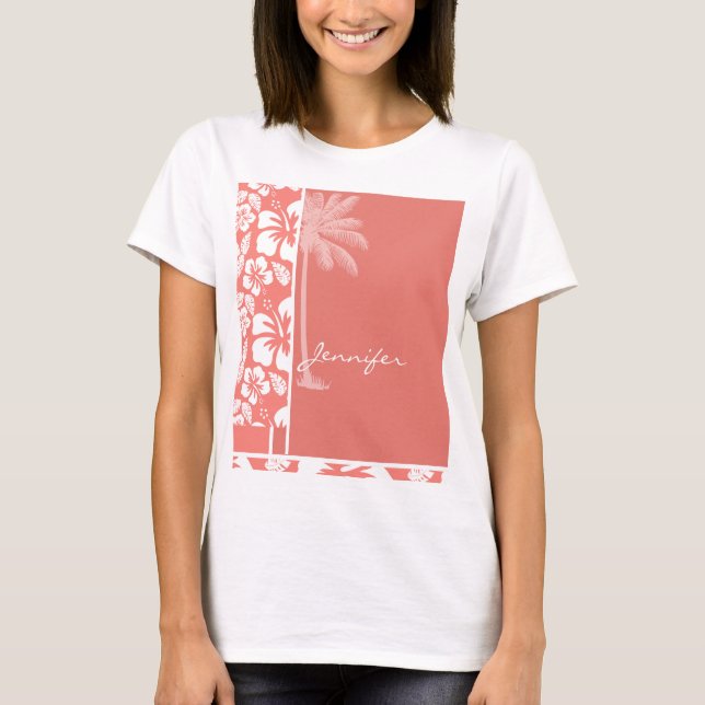 Camiseta Hibisco tropical rosado coralino; Palma del verano (Anverso)