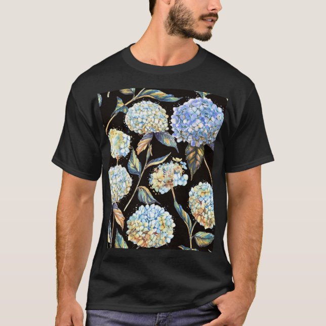 Camiseta Hidrangea Azul Acuarela: Patrón oscuro sin foco (Anverso)