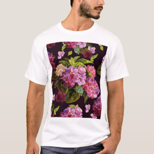 Camiseta Hidrangea, patrón floral oscuro y sin fisuras.