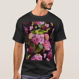 Camiseta Hidrangea, patrón floral oscuro y sin fisuras.