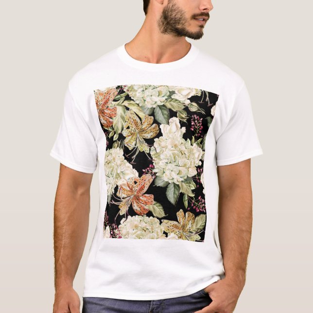 Camiseta Hidrangeas Lilies de acuarela: Patrón floral (Anverso)