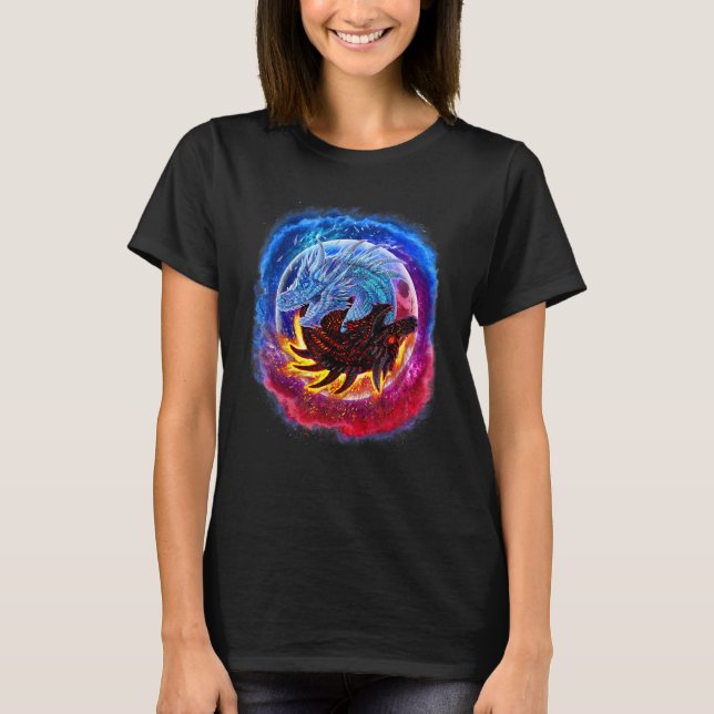 Camiseta Hielo Yin Yang y dragón de fuego en el espacio (Anverso)