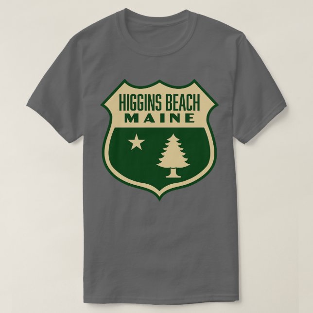 Camiseta Higgins Beach Maine Retro Pine Tree Shield Tan (Diseño del anverso)