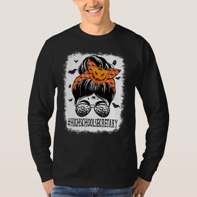Camiseta High School Secretary Messy Bun Spooky Bat Orange  (Anverso)