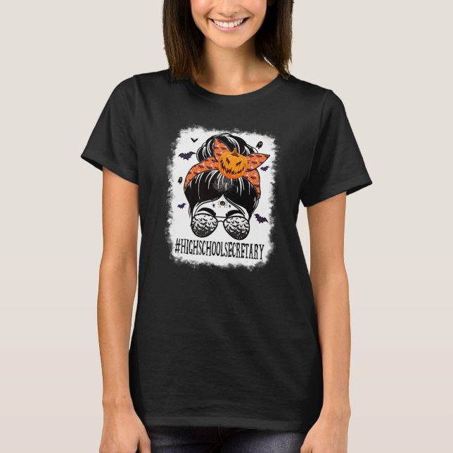 Camiseta High School Secretary Messy Bun Spooky Bat Orange  (Anverso)