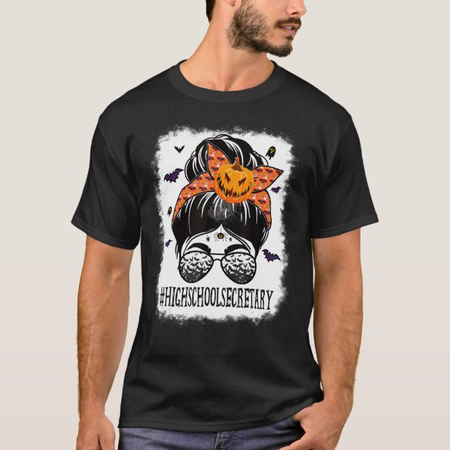 Camiseta High School Secretary Messy Bun Spooky Bat Orange  (Anverso)