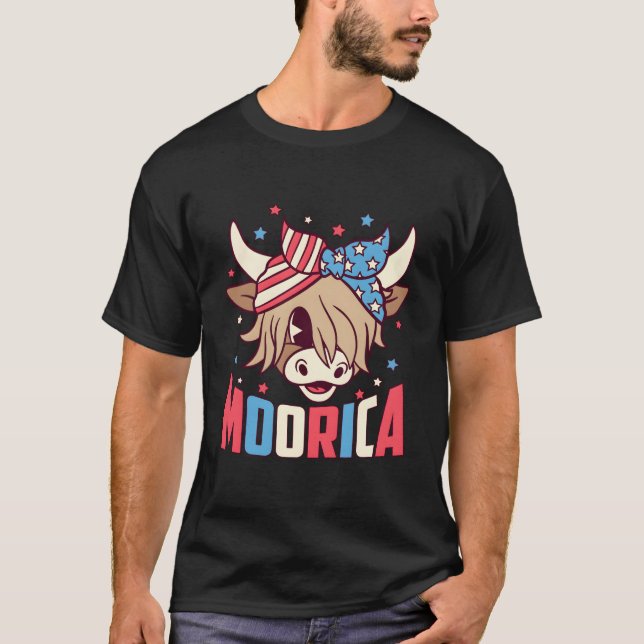 Camiseta Highland Cow 4Th Of July Moorica Merica Usa Flag F (Anverso)