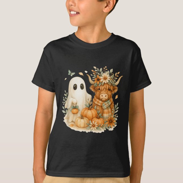 Camiseta Highland Cow &amp; Ghost Pumpkin Patch Watercolor  (Anverso)
