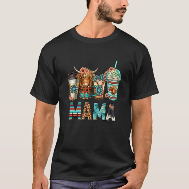 Camiseta Highland cow turquoise coffee cups MAMA barn mom w (Anverso)