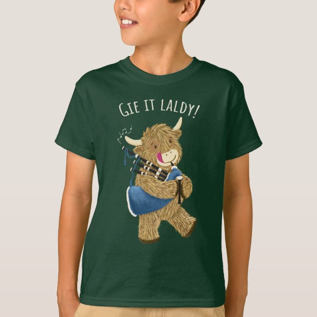Camiseta Highland Cow Y Bagpipes Dice Que Dáselo Laldy! (Anverso)