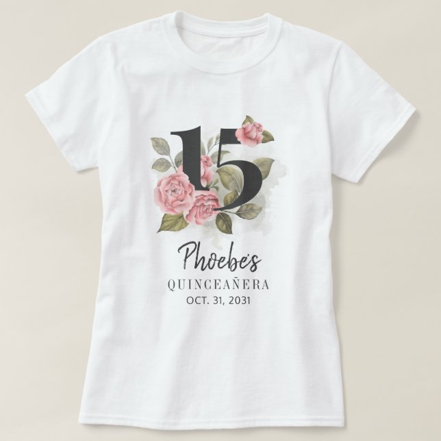 Camiseta Hija de Quinceanera Floral Rosa 15º cumpleaños (Diseño del anverso)