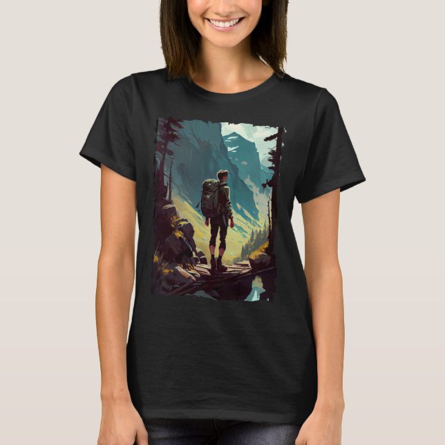 Camiseta Hiking Woman mountains sunset hiker retro 70s vint (Anverso)