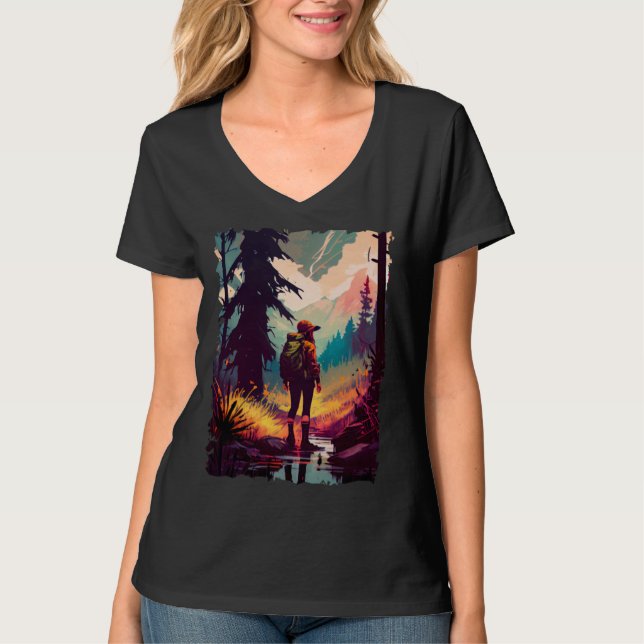 Camiseta Hiking Woman mountains sunset hiker retro 70s vint (Anverso)