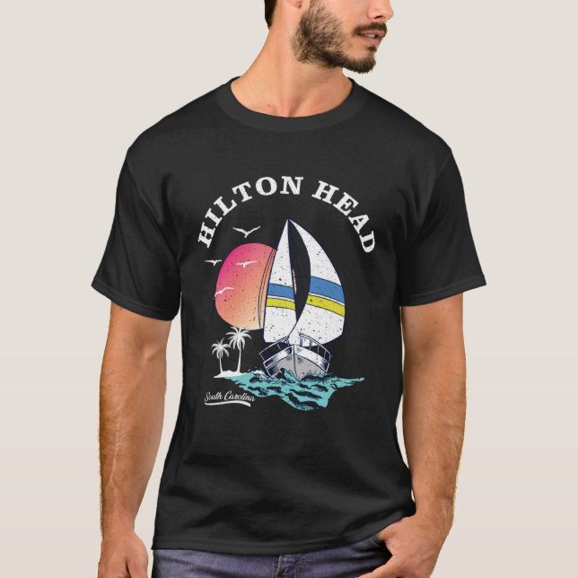 Camiseta Hilton Head Island Sailboat Ocean Palm Trees Sunse (Anverso)