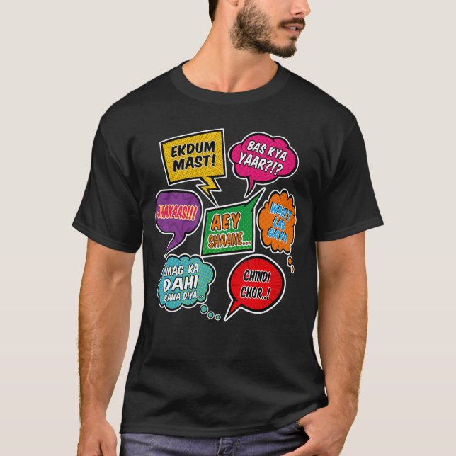 Camiseta Hindi Slangs phrases speech dialogue Pop Art comic (Anverso)