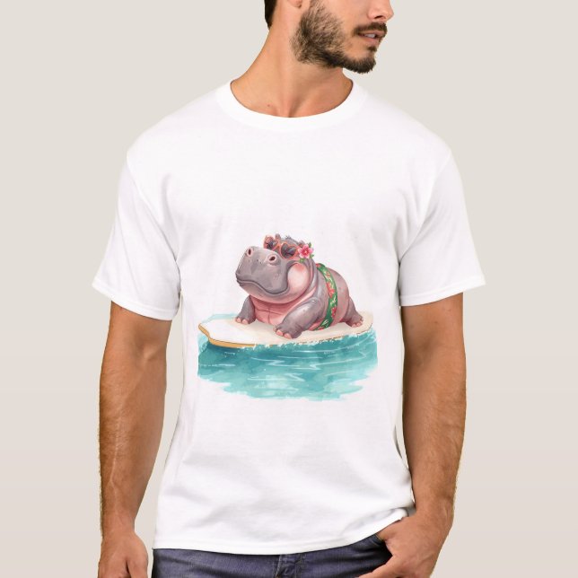 Camiseta Hipopótamo en bikini en tabla de surf (Anverso)