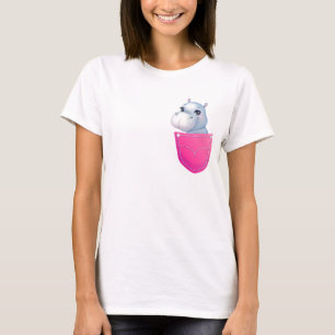 Camiseta Hipopótamo Lindo en un Bolsillo Rosa Impreso