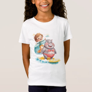 Camiseta Hipópotamo y surfista están surfeando en el mar