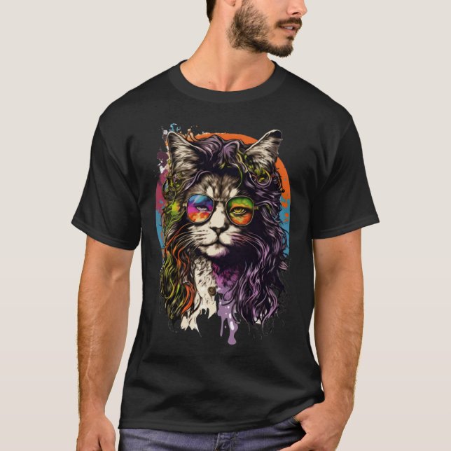 Camiseta Hippie Cat Kitten Watercolor in Glasses Rockstar (Anverso)