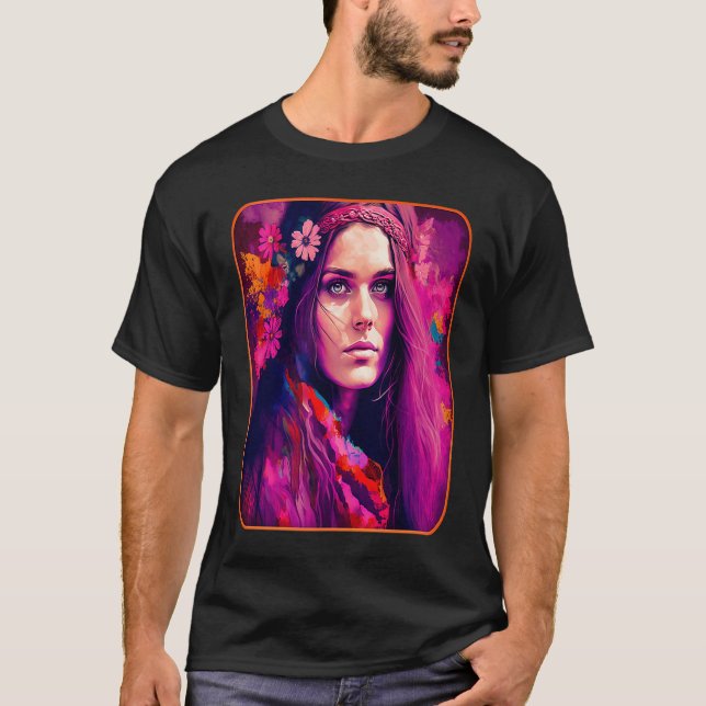 Camiseta Hippie Child In Pink With Flowers In Her Hair Retr (Anverso)