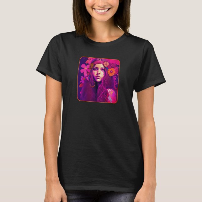 Camiseta Hippie Child In Pink With Flowers In Her Hair Retr (Anverso)