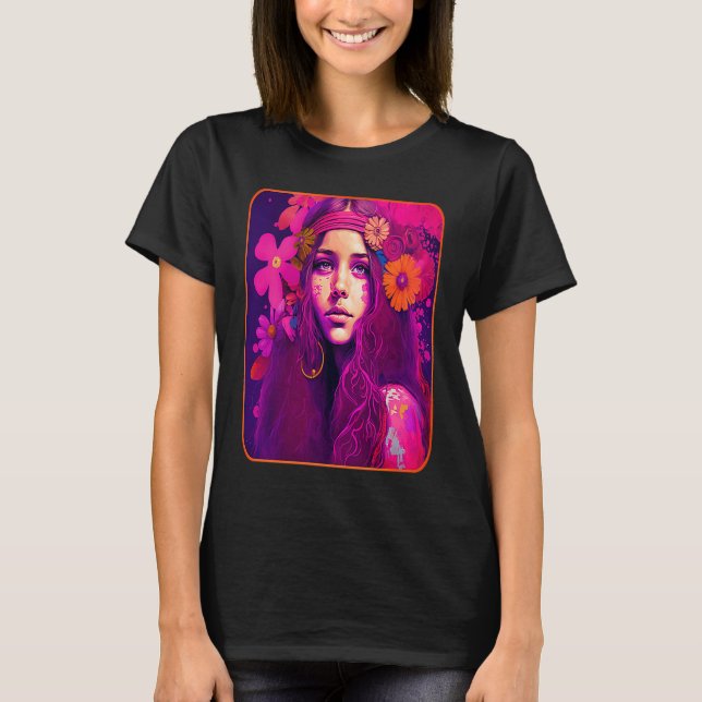 Camiseta Hippie Child In Pink With Flowers In Her Hair Retr (Anverso)