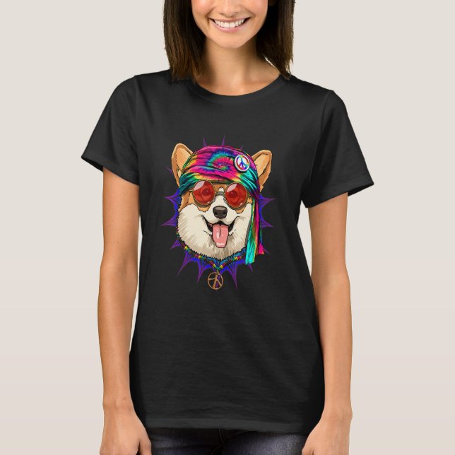 Camiseta Hippie Corgi Tie Dye Peace Sign Psychedelic Corgi  (Anverso)