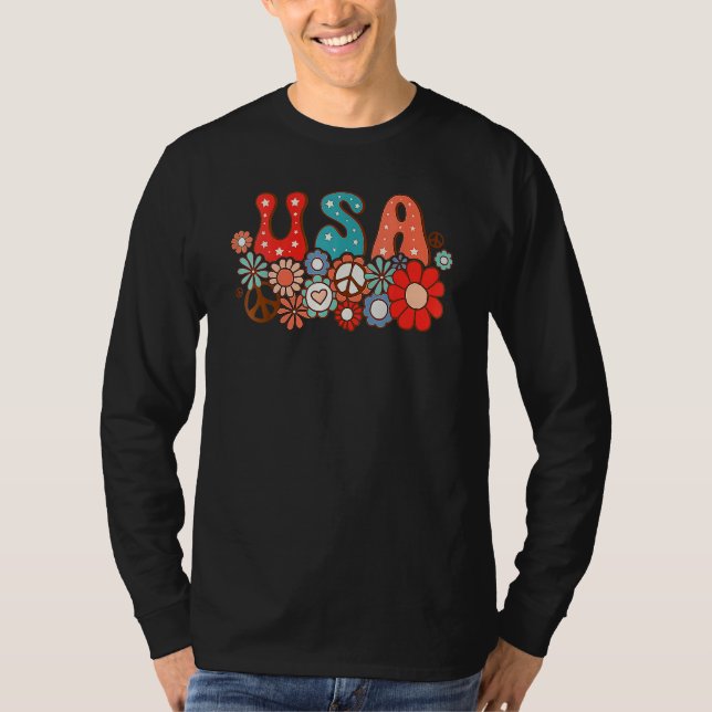Camiseta Hippie Flower USA American Flag Groovy 4th Of July (Anverso)