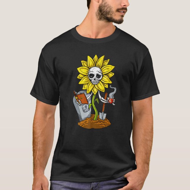 Camiseta Hippie Skull Sunflower Skeleton Bebiendo café Fl (Anverso)