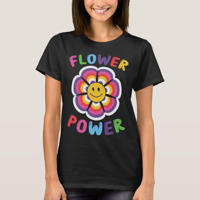 Camiseta Hippie-sonriente-cara-flor-poder- (Anverso)