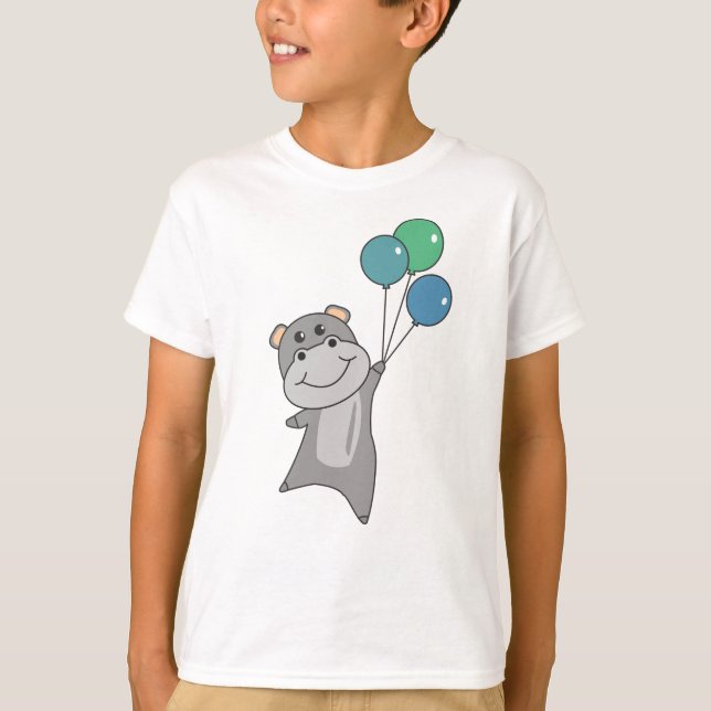 Camiseta Hippo vuela con globos, animales dulces para (Anverso)