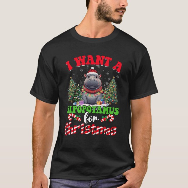 Camiseta Hippo Xmas Tree Lights I Want A Hippopótamo Para C (Anverso)
